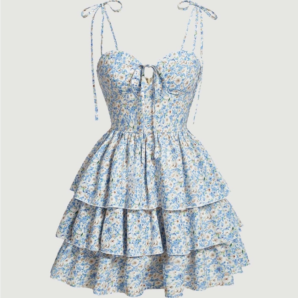 SHEIN Blue and White Floral Tiered Dress NWT